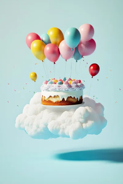 Birthday Cake Floating On A Cloud With Balloons