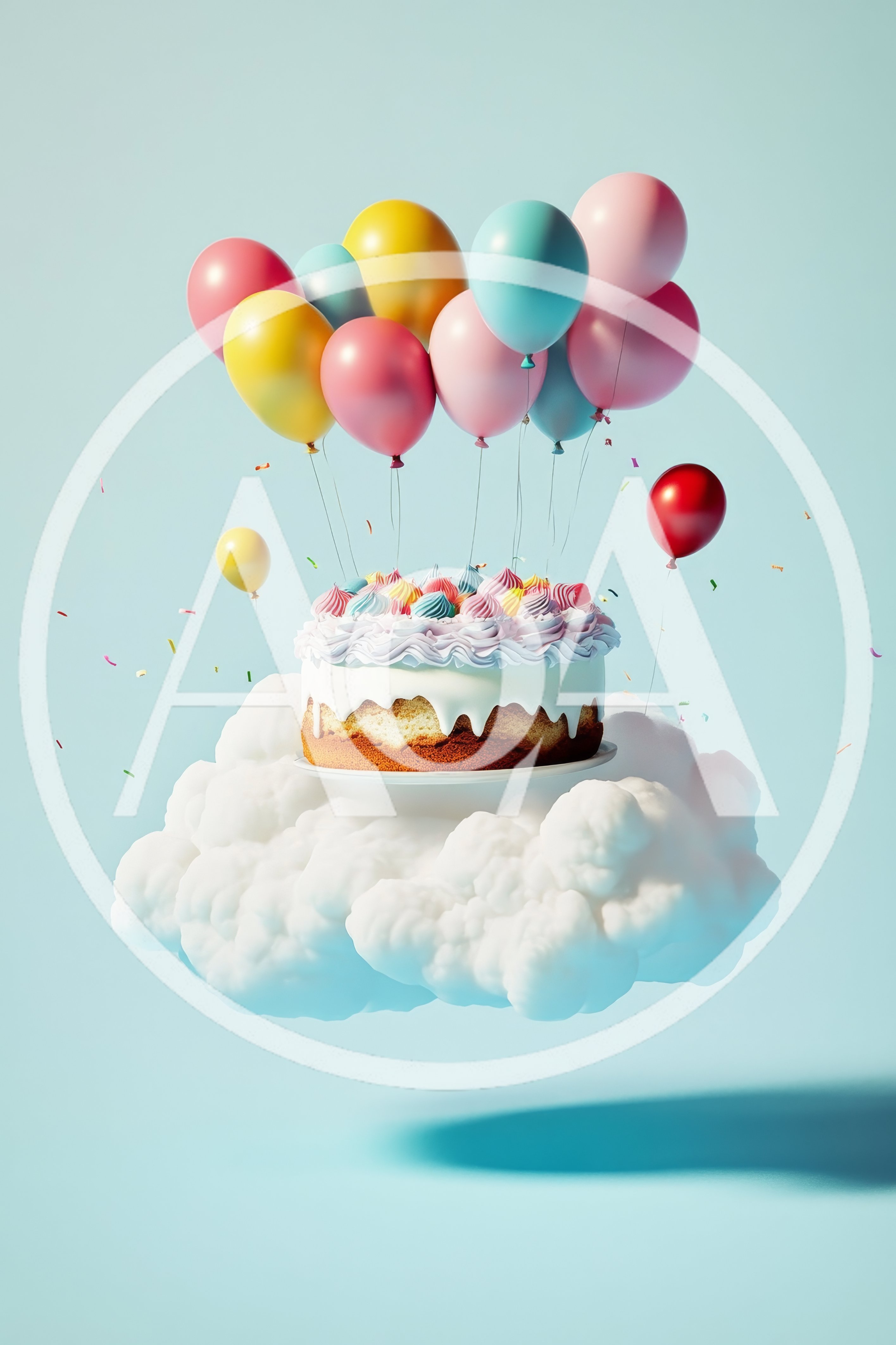 Birthday Cake Floating On A Cloud With Balloons