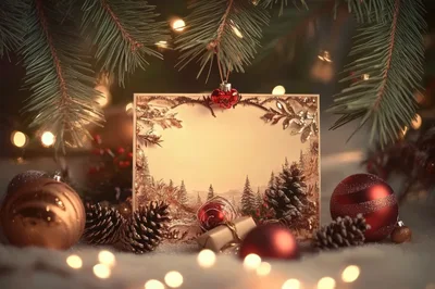 Christmas Greeting Card With Ornaments And Pine Cones