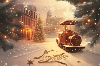 Festive Christmas Train In A Snowy Village Square
