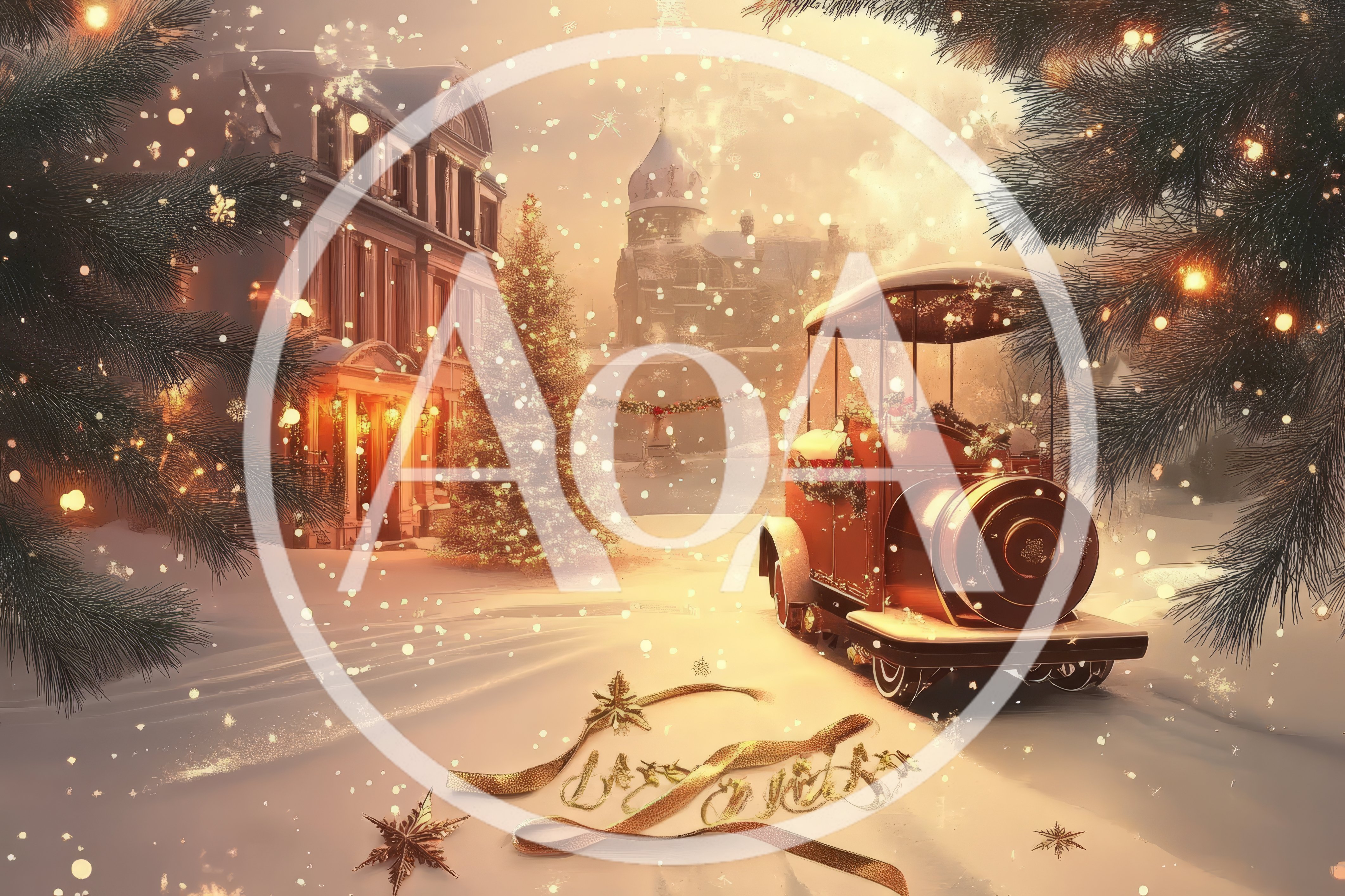 Festive Christmas Train In A Snowy Village Square