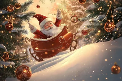 Santa Claus Riding A Sleigh In Snowy Forest