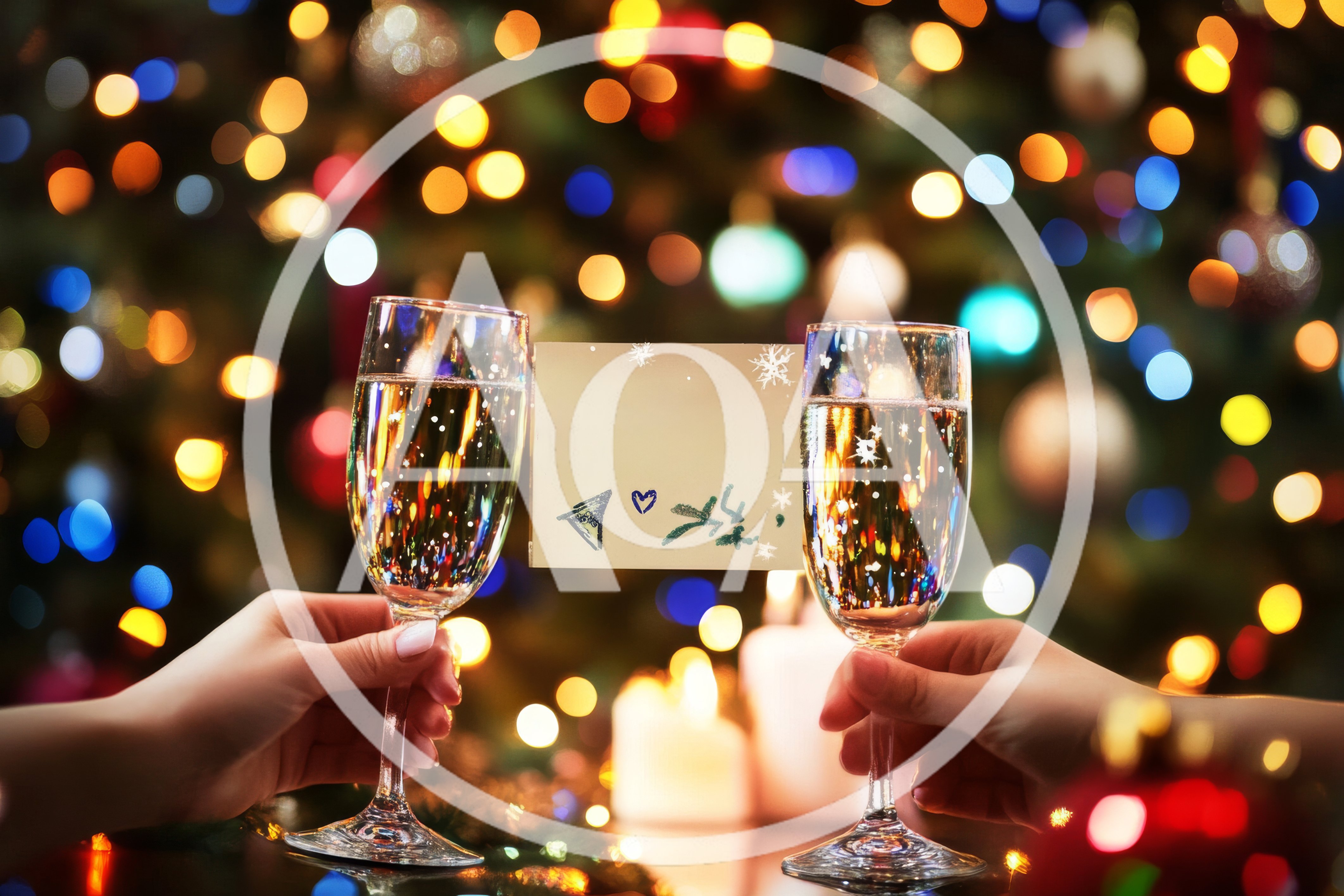Two People Toasting With Champagne Glasses At Christmas