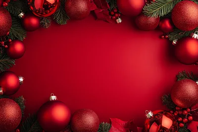 Red Christmas Ornament Border Frame on Red Background
