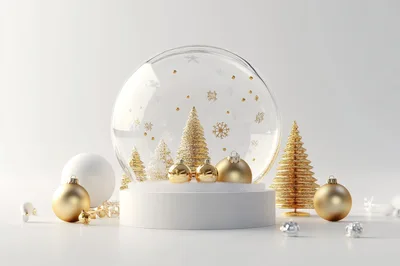 Christmas Snow Globe Display With Golden Ornaments