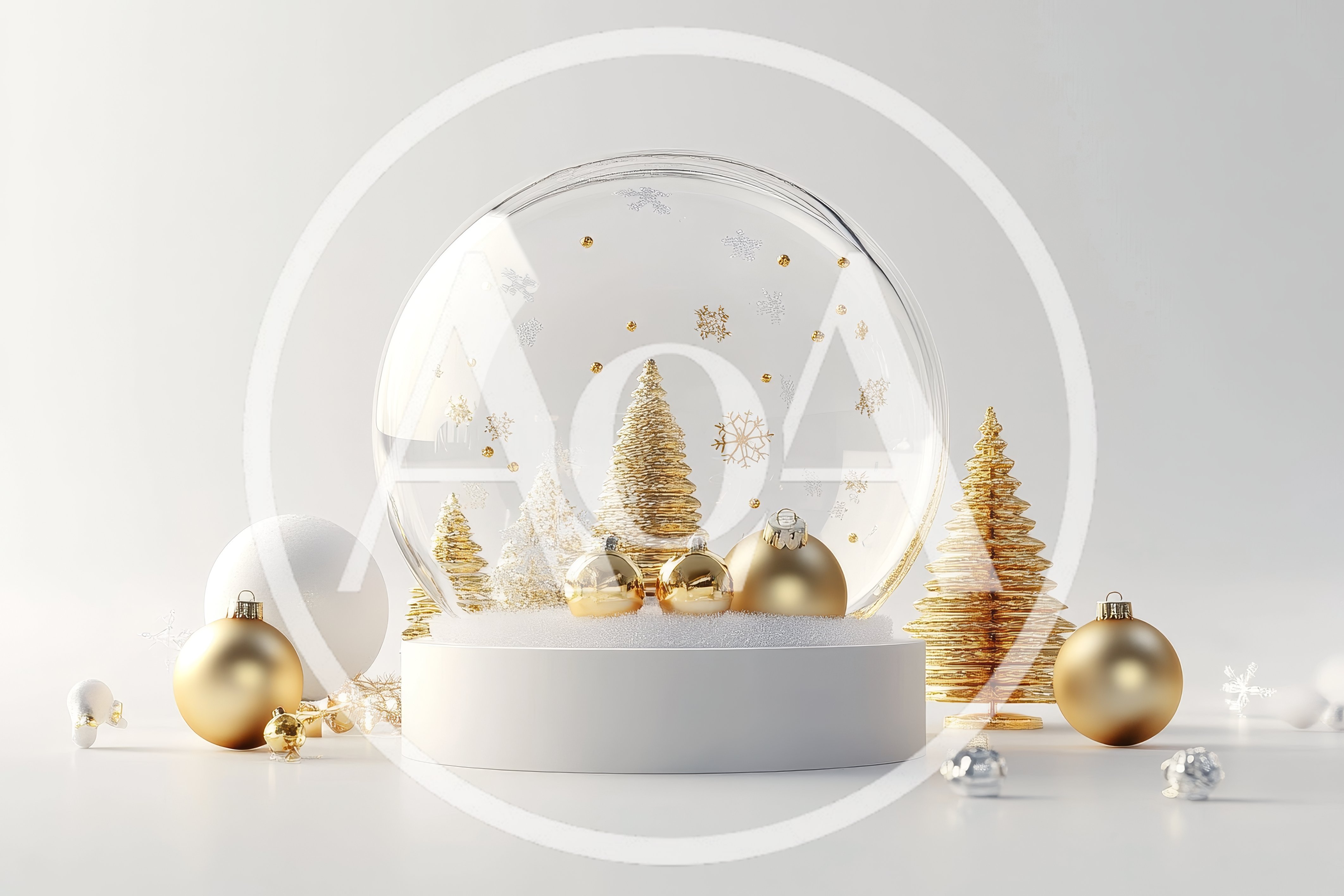 Christmas Snow Globe Display With Golden Ornaments