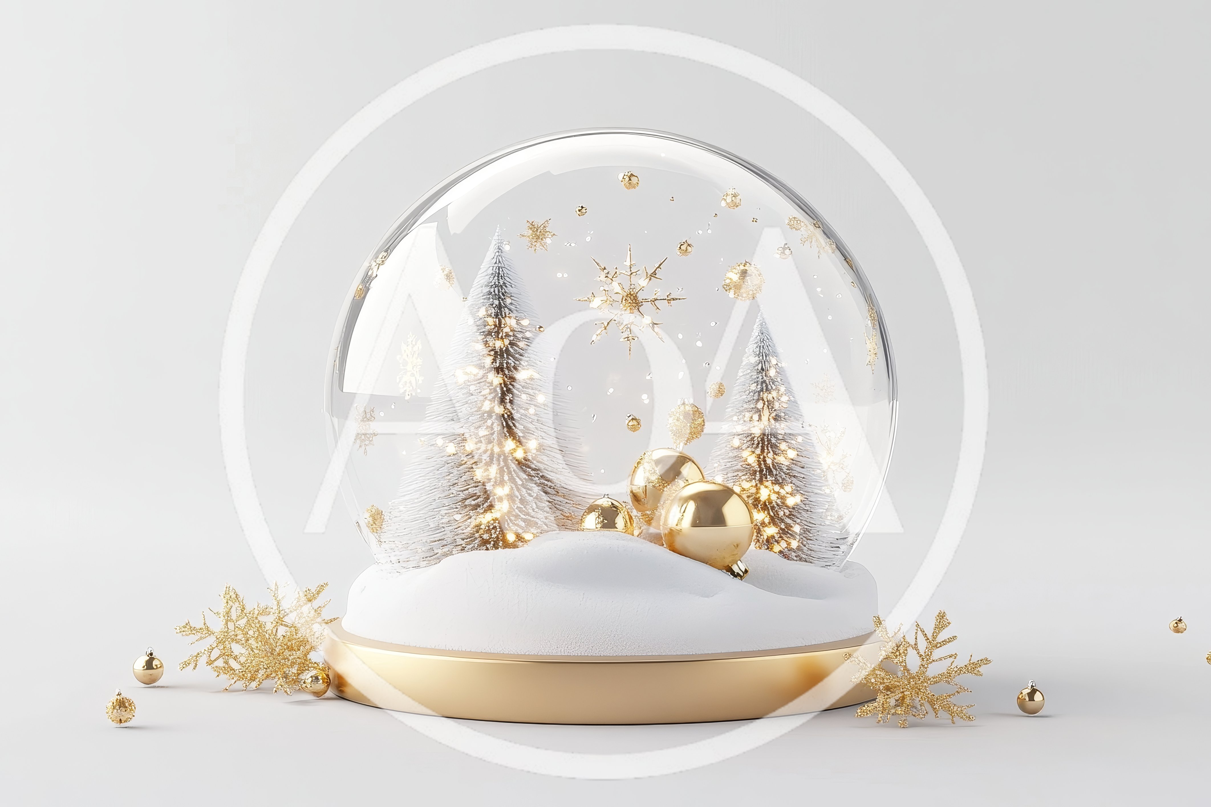 Christmas Snow Globe With Golden Ornaments And Trees