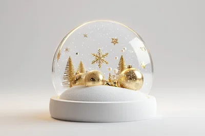 Golden Christmas Ornaments Inside A Glass Snow Globe