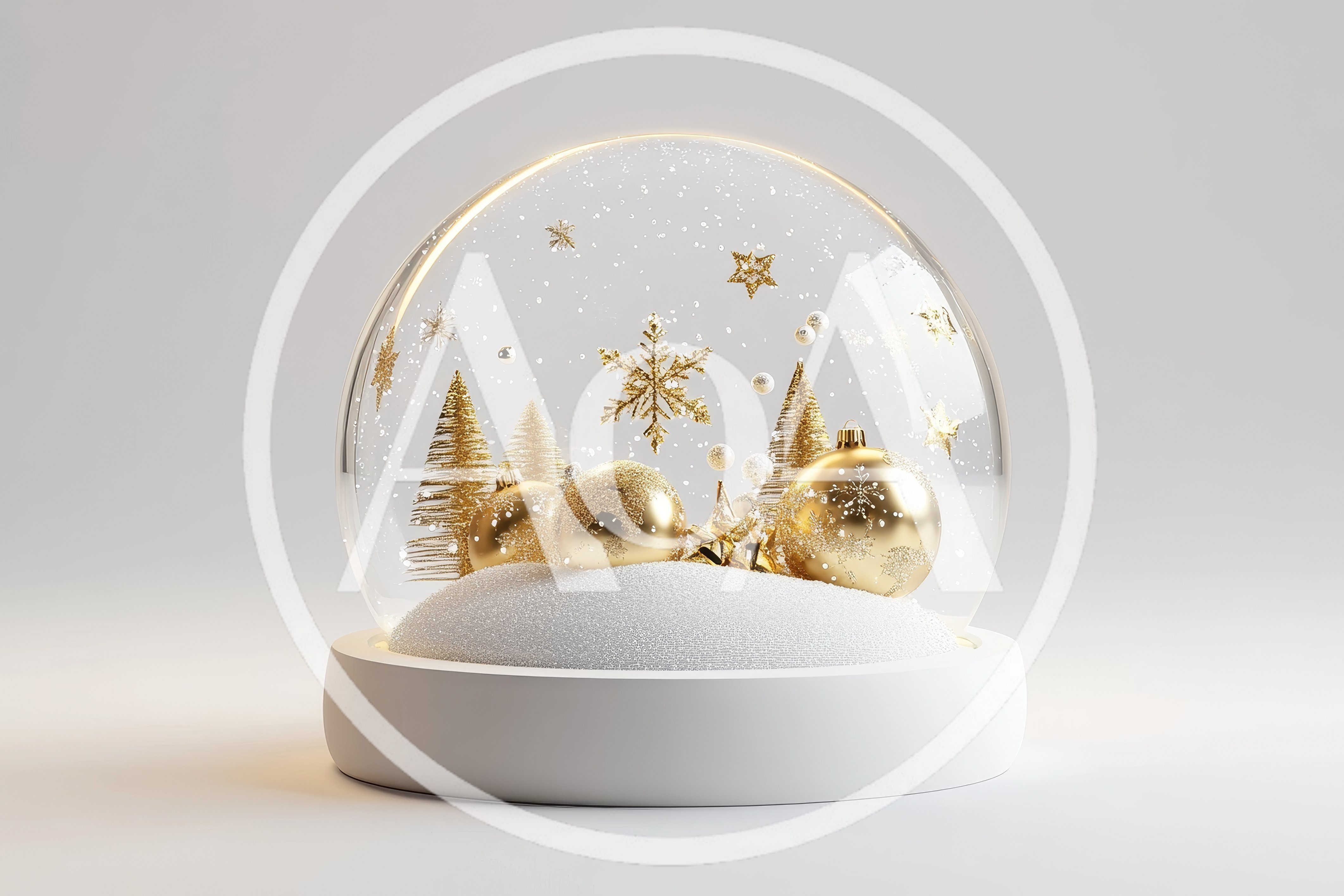 Golden Christmas Ornaments Inside A Glass Snow Globe