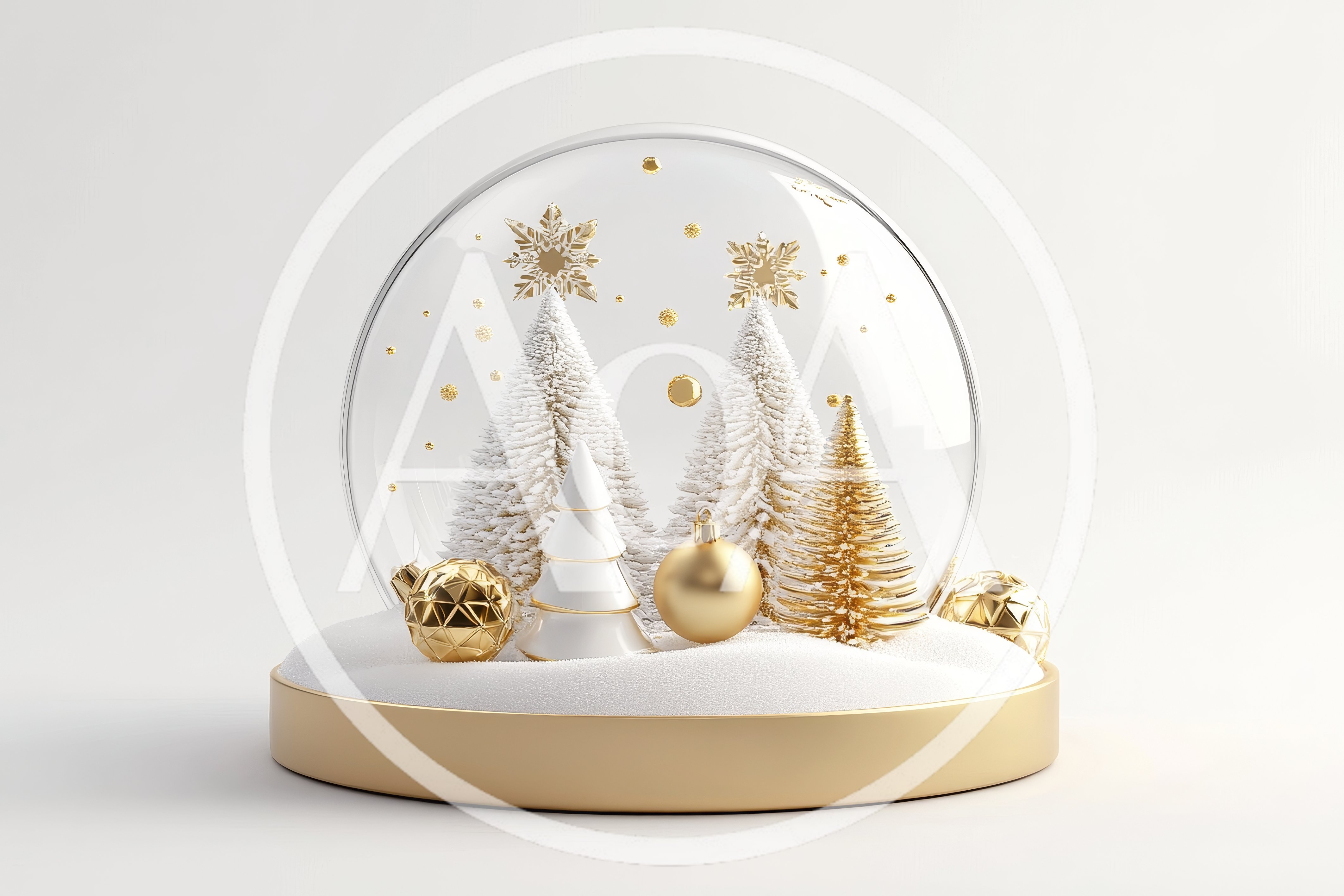 Christmas Snow Globe with Golden Ornaments and Trees