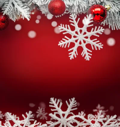 Christmas Background With Hanging Ornaments And Snowflakes