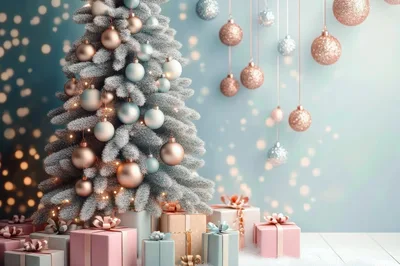 Frosted Christmas Tree With Ornaments And Gift Boxes