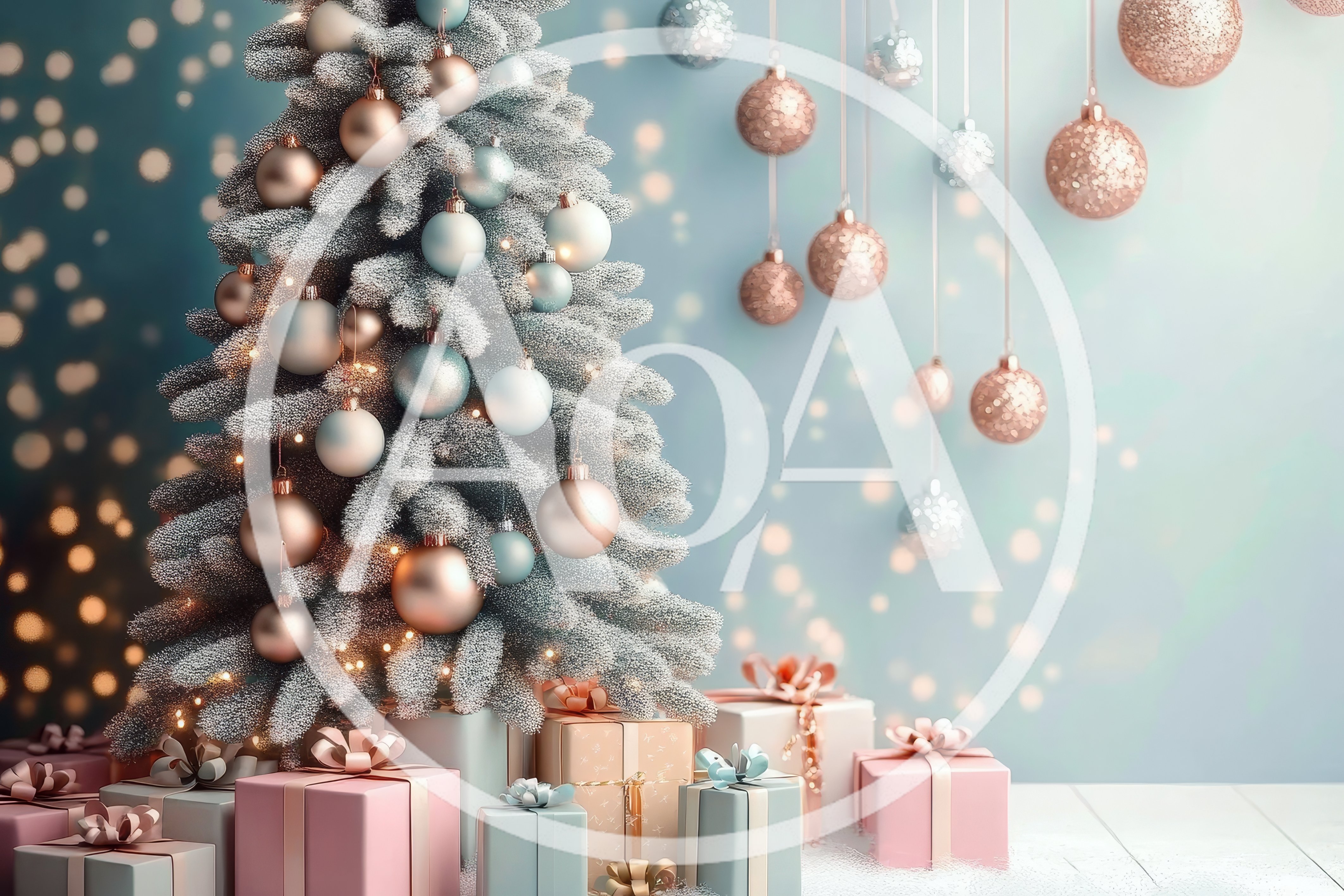 Frosted Christmas Tree With Ornaments And Gift Boxes