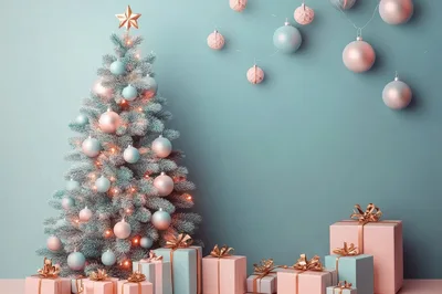 Christmas Tree With Pastel Ornaments And Gift Boxes