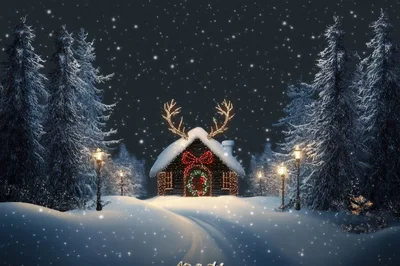 Cozy Christmas Cabin With Reindeer Antlers In Snowy Forest