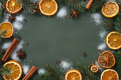 Christmas Holiday Flat Lay With Dried Oranges And Spices