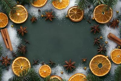 Christmas Holiday Flat Lay With Dried Oranges And Spices