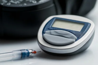 Blood Glucose Meter And Insulin Pen On White Surface