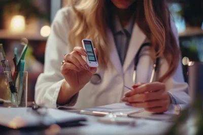 Doctor Holding Glucose Meter In Medical Office