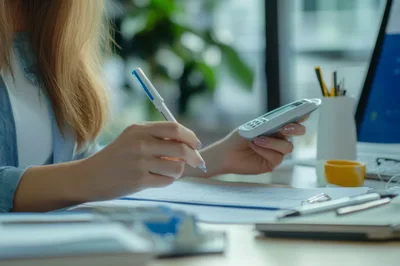 Businesswoman Analyzing Financial Documents With Calculator In Office