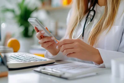 Doctor Holding Medication Bottle At Medical Office Desk