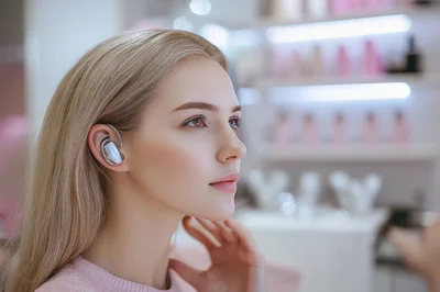 Young Woman Wearing Modern Earbuds In A Salon