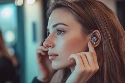Young Woman Adjusting Wired Earphones In Profile View