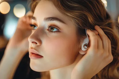 Young Woman Adjusting Her Wireless Earbud