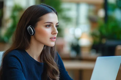 Young Woman Working On Laptop With Wireless Earbud