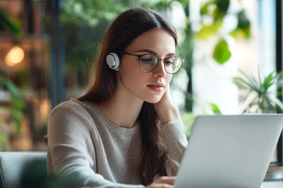 Young Woman Working On Laptop With Headphones