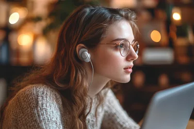 Young Woman Wearing Earbuds Working On Laptop