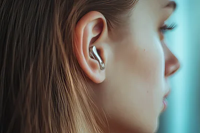 Woman Wearing Futuristic Metallic Earbud In Ear