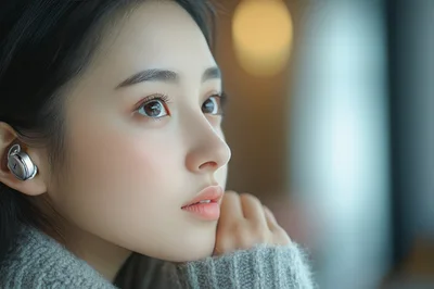 Young Asian Woman Wearing Wireless Earbuds