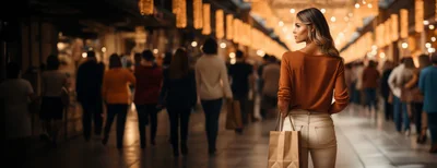 Stylish Woman Shopping In A Crowded Mall Corridor