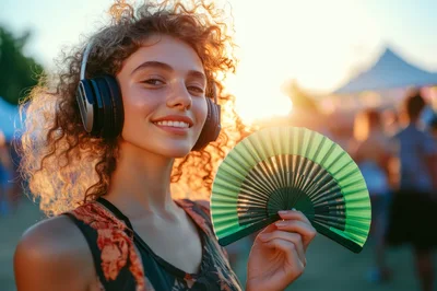Young Woman With Curly Hair Holding Green Hand Fan