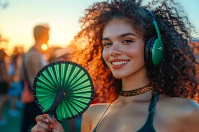 Young Woman With Curly Hair Holding A Green Fan