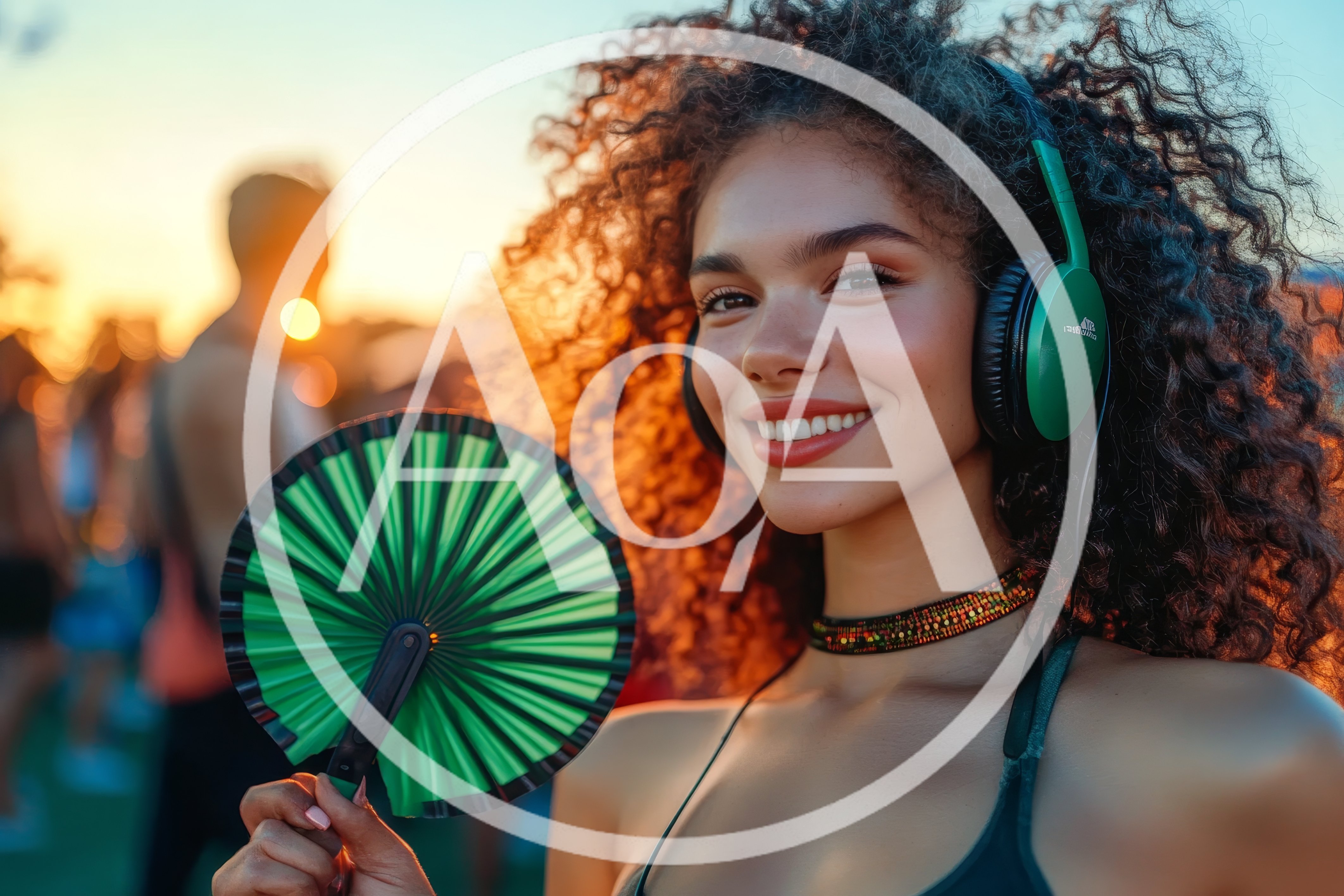 Young Woman With Curly Hair Holding A Green Fan