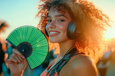 Young Woman With Curly Hair Holding Green Hand Fan