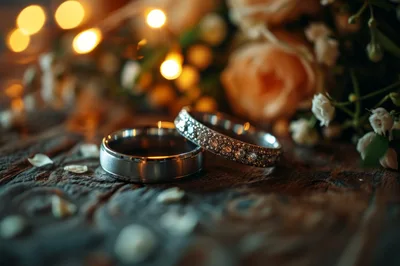 Two Wedding Rings Resting On A Rustic Wooden Surface