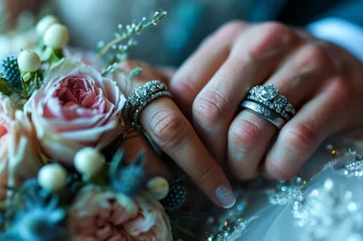 Close Up Of Newlywed Couple Holding Hands With Wedding Rings