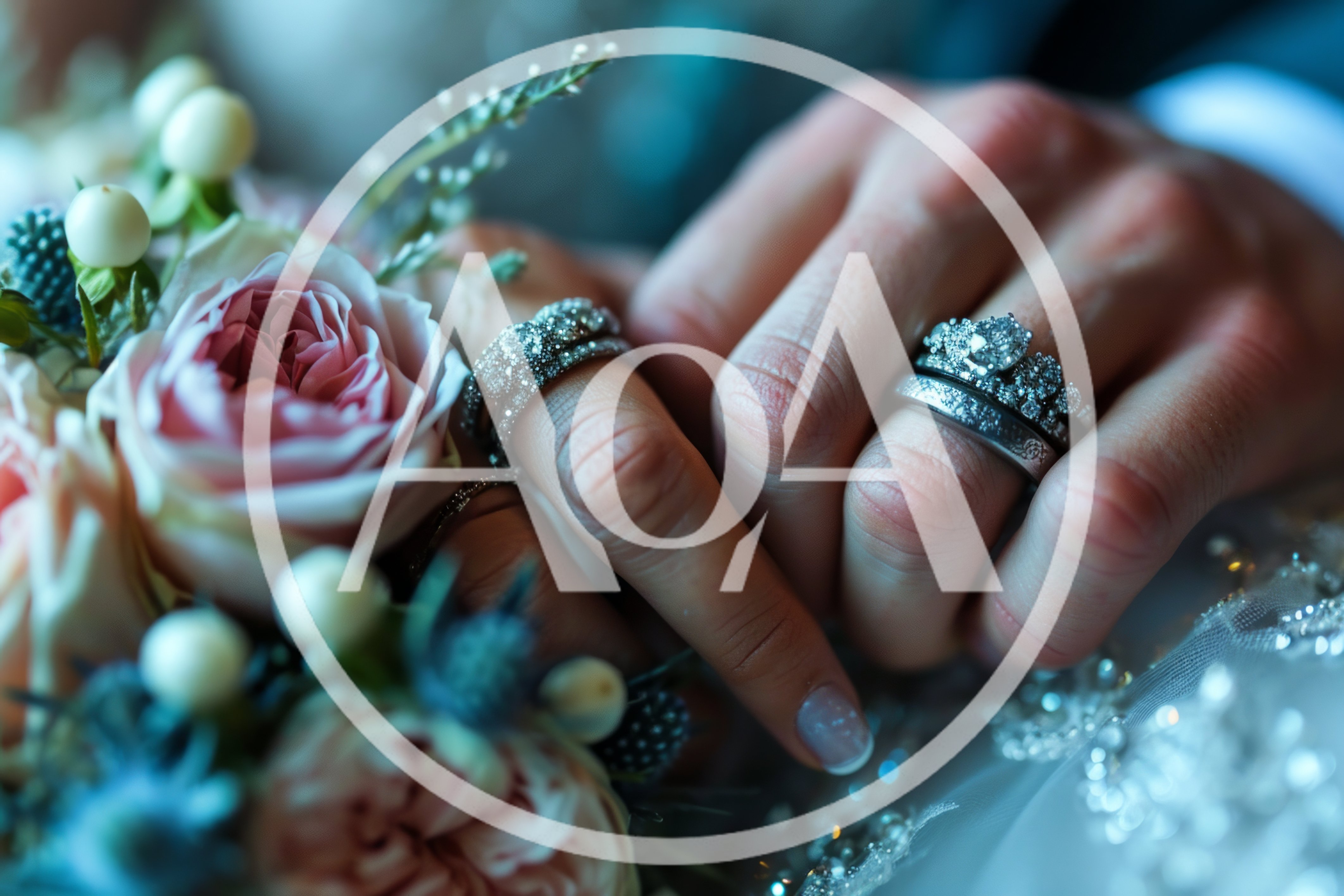Close Up Of Newlywed Couple Holding Hands With Wedding Rings
