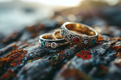Ornate Gemstone Rings Resting On Textured Mossy Rock