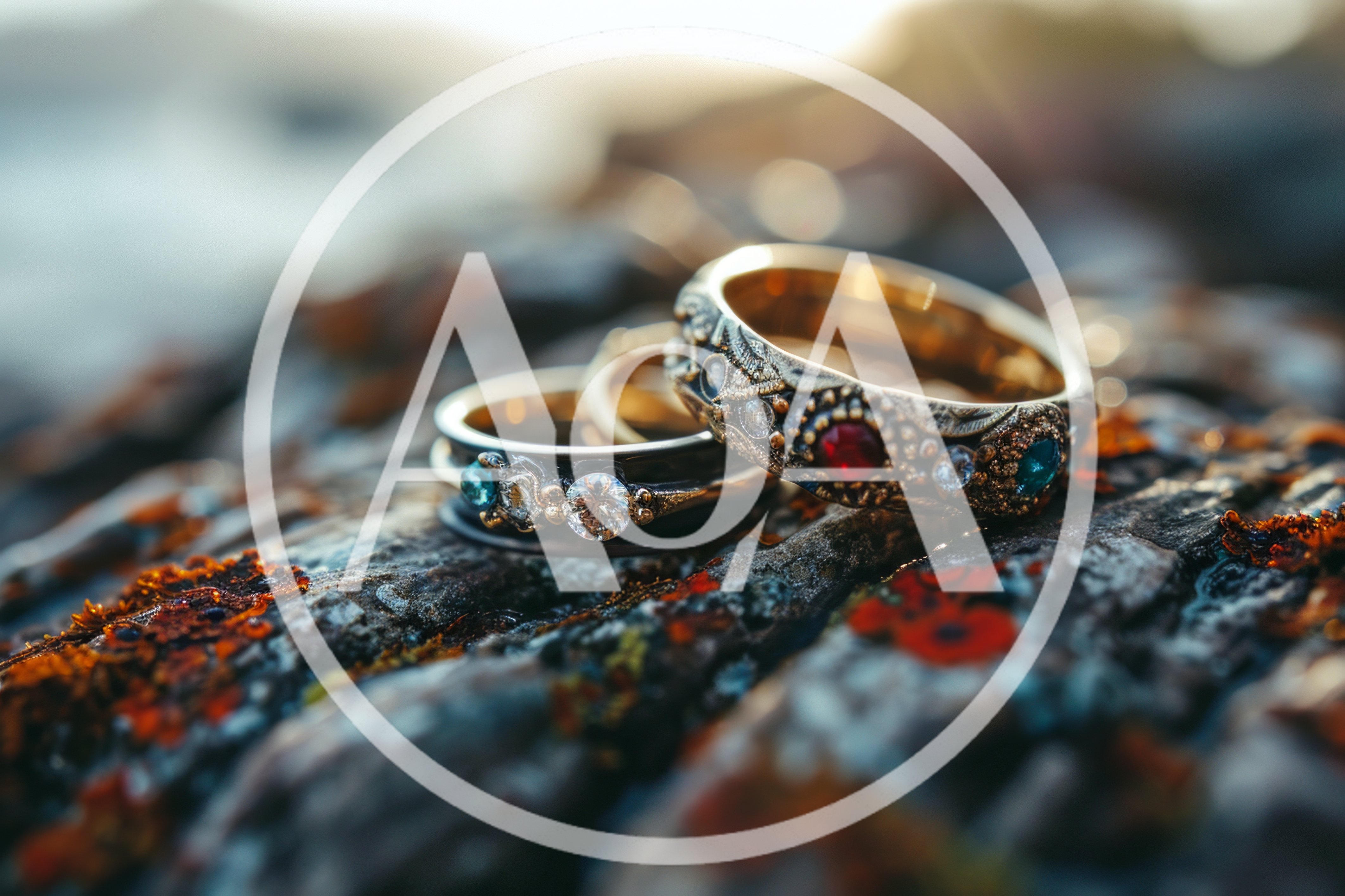 Ornate Gemstone Rings Resting On Textured Mossy Rock
