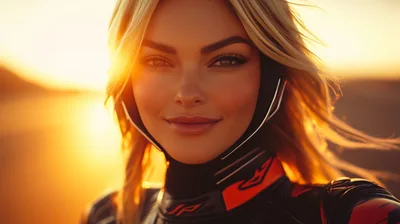 Portrait Of A Blonde Female Motorcyclist At Sunset