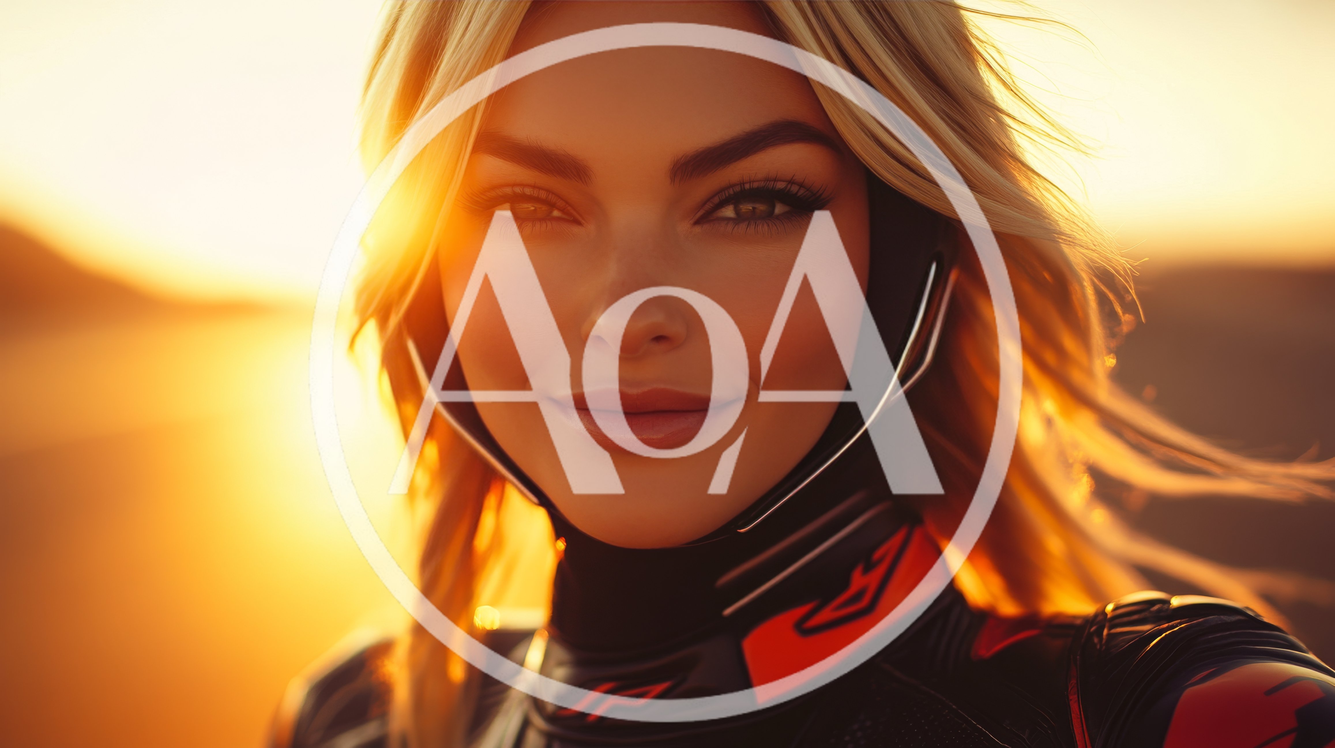Portrait Of A Blonde Female Motorcyclist At Sunset