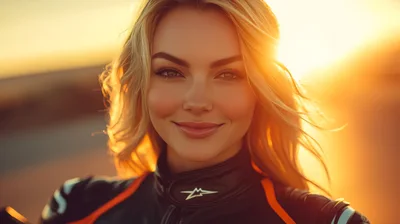Portrait Of A Smiling Female Motorcyclist At Sunset