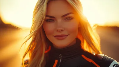 Portrait Of A Beautiful Blonde Woman In Motorcycle Gear