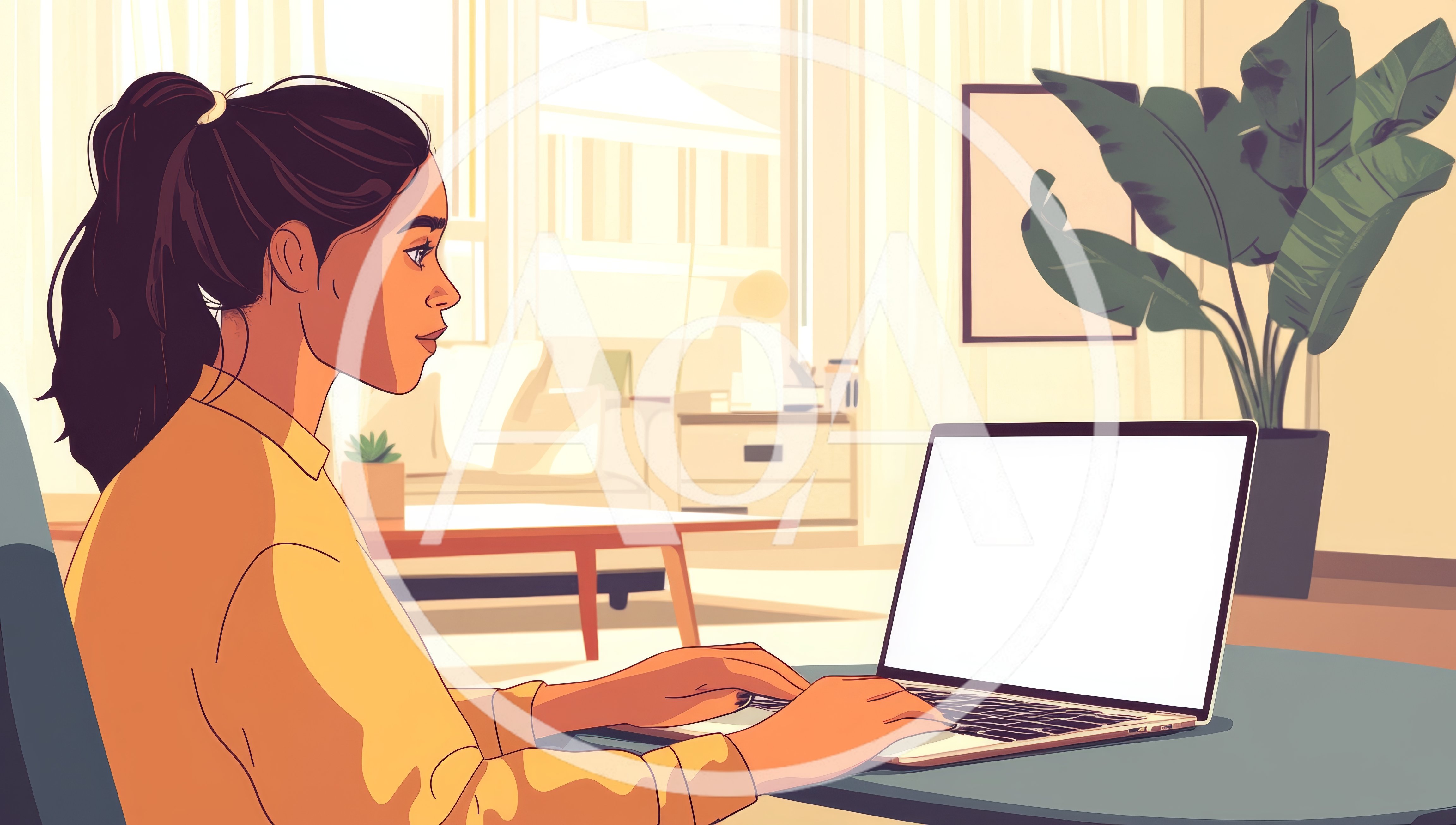 Young Woman Working On Laptop In Bright Living Room