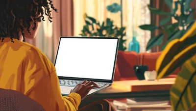 Woman Working On Laptop In Cozy Living Room