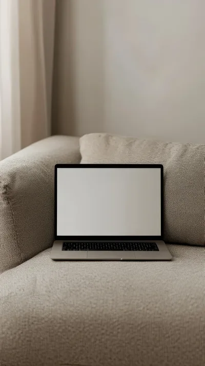 Laptop With Blank Screen Resting On A Fabric Sofa